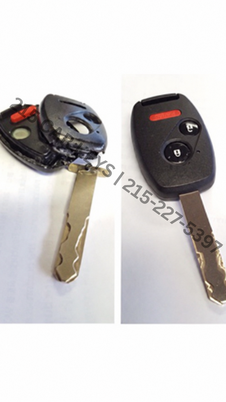 1 Customer’s broken Honda key beside the completed Honda remote key replacement 215 Car Keys