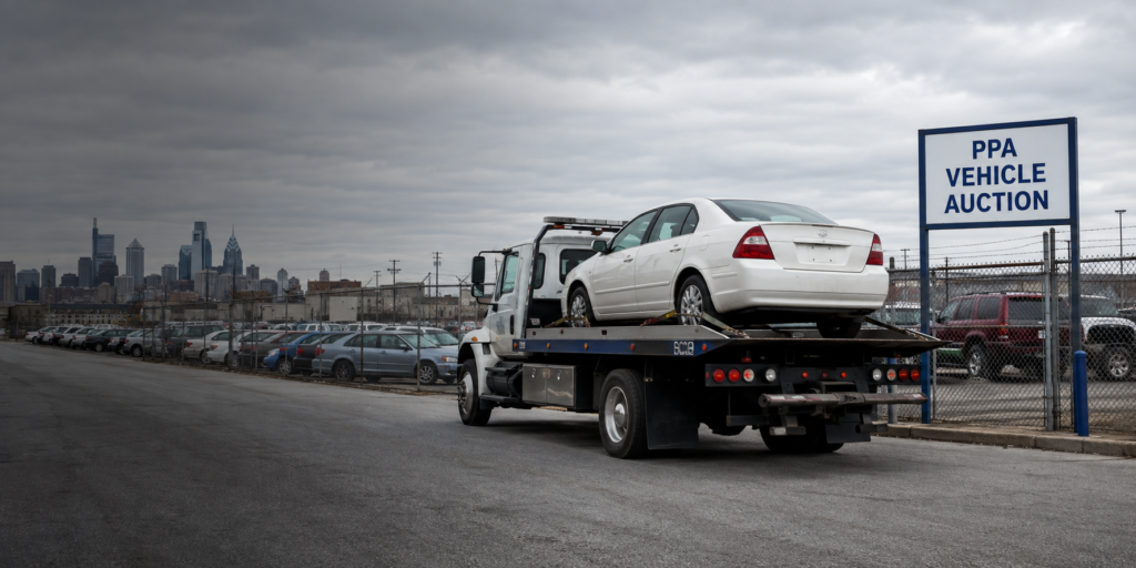 PPA auction vehicle loaded onto a tow truck at a Philadelphia Parking Authority lot
