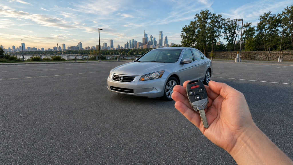 Honda remote key replacement shown with a taped broken key held in front of a silver Honda Accord in Philadelphia